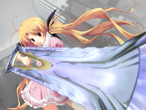 Anime picture 1280x960 with chaos;head orihara kozue long hair blonde hair twintails dress ribbon (ribbons) sword