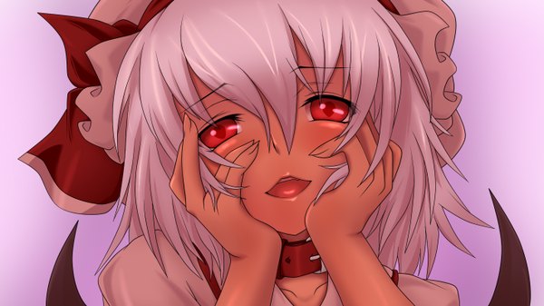 Anime picture 1422x800 with mirai nikki touhou remilia scarlet continue2 single short hair open mouth red eyes wide image white hair yandere trance gasai yuno (cosplay) girl wings bonnet