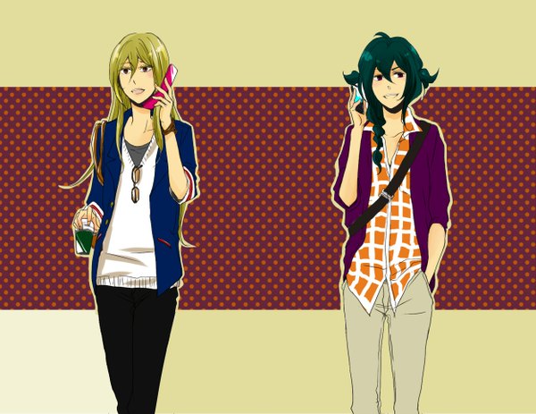 Anime picture 1247x964 with inazuma eleven afuro terumi mistorene callus tagme (artist) long hair short hair open mouth blonde hair smile brown eyes green hair multiple boys wallpaper polka dot hand in pocket otoko no ko plaid casual polka dot background sunglasses removed