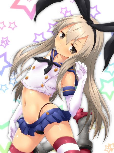 Anime picture 1491x2000 with kantai collection shimakaze destroyer watarui single long hair tall image looking at viewer blush open mouth light erotic blonde hair animal ears pleated skirt black eyes bare belly bunny ears kneeling striped girl thighhighs