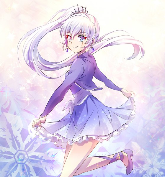 Anime picture 1864x2000 with rwby rooster teeth weiss schnee iesupa single long hair tall image looking at viewer highres blue eyes smile silver hair sparkle side ponytail scar dress pull girl dress earrings jewelry