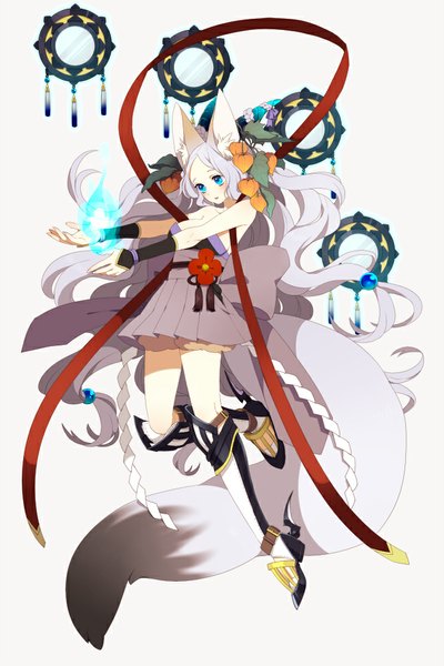 Anime picture 666x1000 with original pixiv fantasia ni02 (asahi nini) single long hair tall image blush blue eyes simple background white background animal ears white hair tail animal tail wavy hair girl dress flower (flowers) ribbon (ribbons) flame