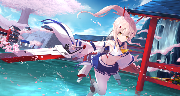 Anime picture 3000x1600 with azur lane ayanami (azur lane) poumi single long hair looking at viewer blush fringe highres breasts blonde hair hair between eyes wide image yellow eyes sky cloud (clouds) outdoors ponytail wind wide sleeves