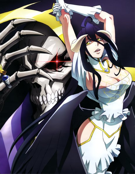 Anime picture 3162x4089 with overlord (maruyama) madhouse albedo (overlord) ainz ooal gown tall image looking at viewer fringe highres breasts open mouth light erotic black hair hair between eyes yellow eyes absurdres ahoge very long hair horn (horns) arms up official art