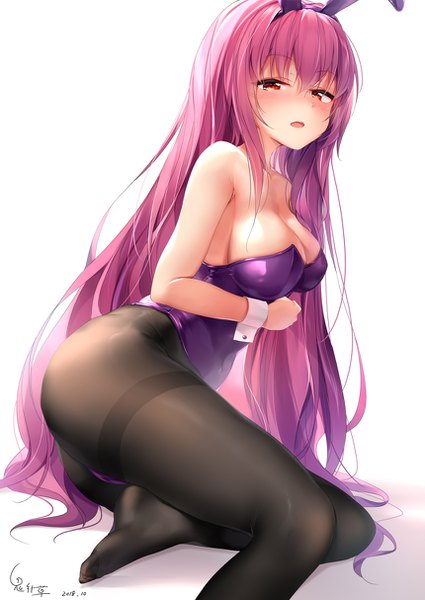 Anime picture 860x1214 with fate (series) fate/grand order scathach (fate) (all) scathach (fate) chen bin single long hair tall image looking at viewer blush fringe breasts open mouth light erotic simple background hair between eyes red eyes large breasts white background sitting