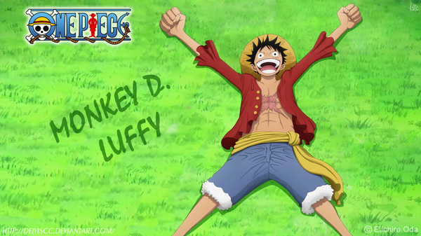 Anime picture 1280x720 with one piece toei animation monkey d. luffy deiviscc single short hair open mouth black hair smile wide image black eyes inscription open clothes open shirt coloring scar muscle boy plant (plants) hat