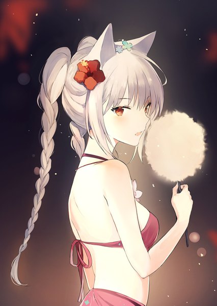 Anime picture 600x844 with original lpip single long hair tall image looking at viewer blush fringe open mouth hair between eyes red eyes standing holding animal ears payot braid (braids) hair flower grey hair cat ears twin braids