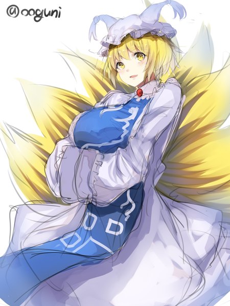 Anime picture 857x1142 with touhou yakumo ran wowoguni single tall image looking at viewer blush fringe short hair open mouth simple background blonde hair white background signed yellow eyes tail animal tail from below fox tail fox girl