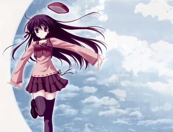 Anime picture 5704x4370 with sola shihou matsuri nanao naru single long hair looking at viewer fringe highres smile purple eyes sky purple hair cloud (clouds) ahoge bent knee (knees) pleated skirt wind spread arms hat removed girl
