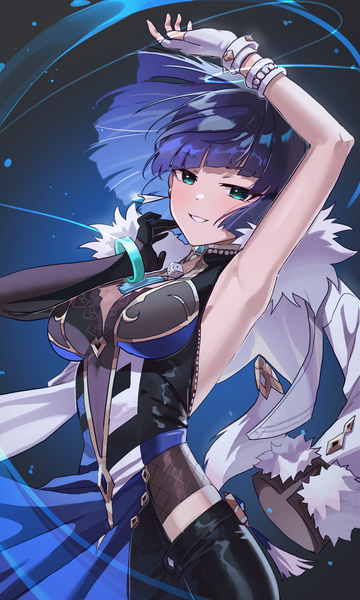 Anime picture 2010x3349 with genshin impact yelan (genshin impact) shedar single tall image looking at viewer fringe highres short hair breasts smile large breasts standing green eyes blue hair blunt bangs parted lips arm up armpit (armpits) fur trim