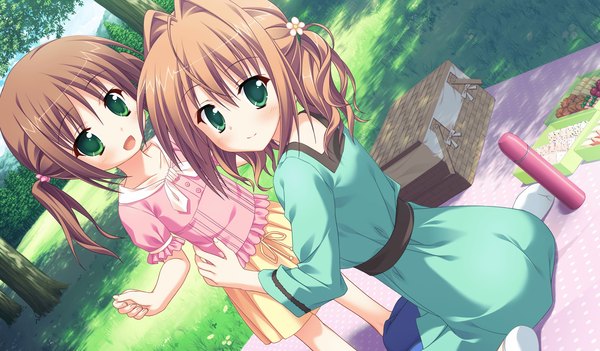 Anime picture 2048x1200 with princess evangile sagisawa chiho blush highres short hair brown hair wide image multiple girls green eyes game cg girl dress 2 girls plant (plants) tree (trees) child (children)