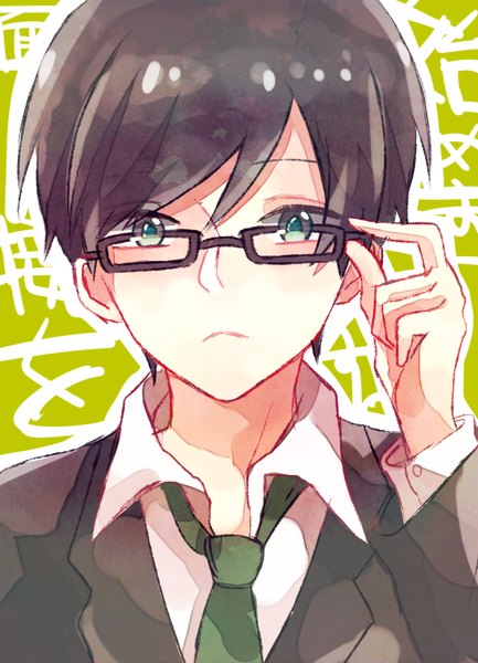 Anime picture 650x900 with osomatsu-san matsuno choromatsu omamon single tall image looking at viewer fringe short hair black hair hair between eyes green eyes upper body adjusting glasses boy glasses necktie