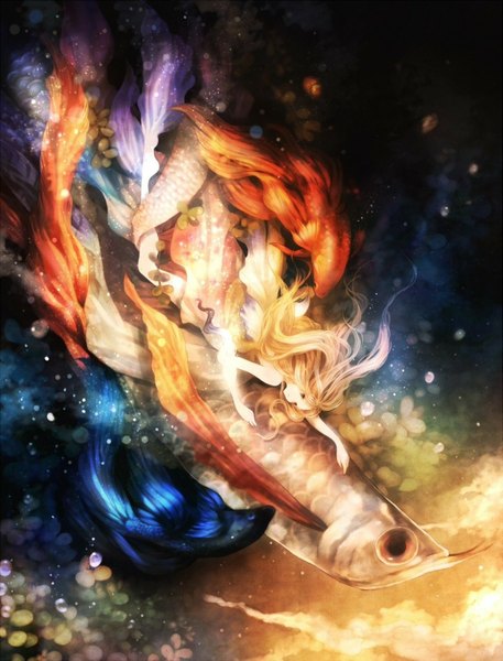 Аниме картинка 1143x1500 с оригинальное изображение sui (petit comet) длинные волосы высокое изображение светлые волосы голые плечи серые глаза под водой девушка вода пузырь (пузыри) рыба (рыбы) русалка водоросли