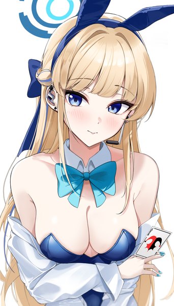Anime picture 2339x4107 with blue archive toki (blue archive) toki (bunny) (blue archive) lebring single long hair tall image looking at viewer blush fringe highres breasts blue eyes light erotic simple background blonde hair large breasts white background bare shoulders holding