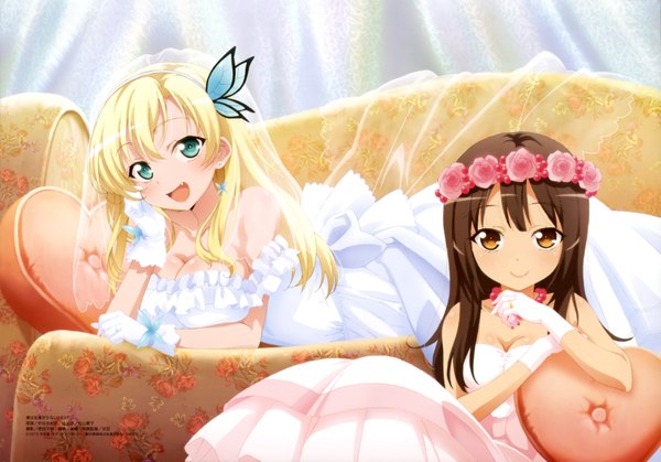 Anime picture 4085x2853 with boku wa tomodachi ga sukunai megami magazine kashiwazaki sena shiguma rika long hair looking at viewer blush highres open mouth blue eyes blonde hair smile brown hair bare shoulders multiple girls brown eyes absurdres lying official art wedding