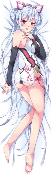 Anime picture 587x2000 with phantasy star phantasy star online 2 sega matoi (pso2) milkpanda single tall image looking at viewer blush open mouth light erotic red eyes twintails silver hair full body ass lying very long hair barefoot on side