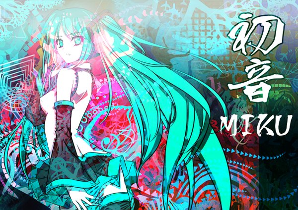 Anime picture 1300x919 with vocaloid hatsune miku paku (artist) single long hair twintails bare shoulders pleated skirt looking back aqua eyes aqua hair inscription girl detached sleeves miniskirt