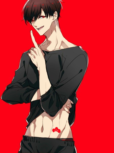 Anime picture 1050x1400 with osomatsu-san matsuno osomatsu 846kazuya single tall image looking at viewer fringe short hair open mouth simple background hair between eyes red eyes brown hair upper body tattoo red background boy navel