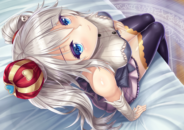 Anime picture 1412x1000 with sennen sensou aigis sybilla tooru (pixiv12953962) single long hair looking at viewer blush fringe blue eyes hair between eyes sitting twintails payot silver hair indoors from above light smile arm support zettai ryouiki magic