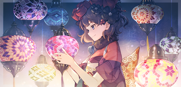 Anime picture 1000x483 with fate (series) fate/grand order katsushika hokusai (fate/grand order) 21 single short hair black hair wide image purple eyes holding looking away upper body traditional clothes japanese clothes profile light smile girl hair ornament kimono obi