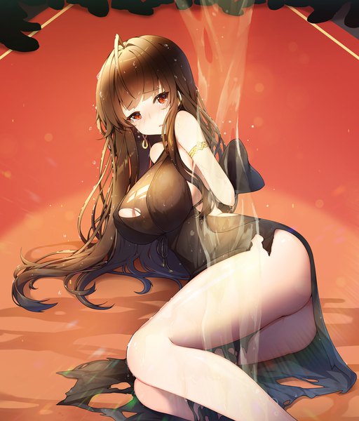 Anime picture 827x968 with girls frontline dsr-50 (girls frontline) tp (kido 94) single long hair tall image looking at viewer blush fringe breasts open mouth light erotic red eyes brown hair large breasts cleavage ahoge ass blunt bangs wet