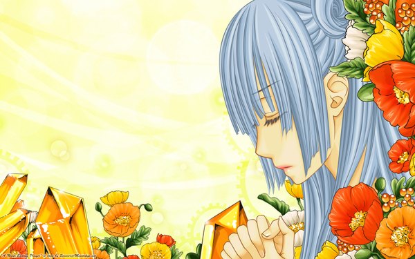 Anime picture 1920x1200 with vampire knight studio deen kurenai maria hino matsuri single long hair highres wide image blue hair eyes closed wallpaper vector hands clasped praying girl flower (flowers)