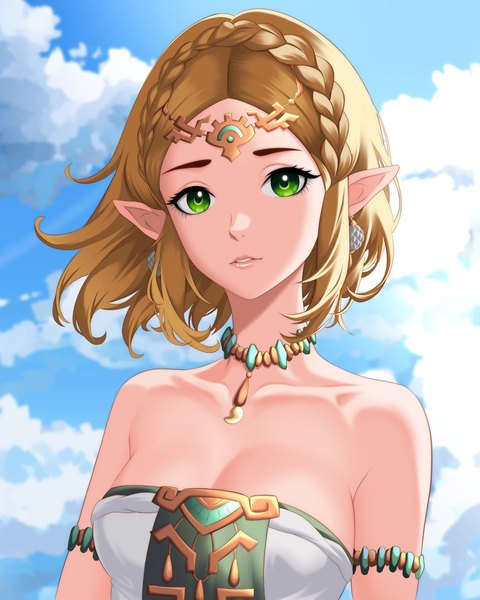 Anime picture 2592x3240 with the legend of zelda the legend of zelda: tears of the kingdom nintendo princess zelda aldrich single tall image looking at viewer highres short hair blonde hair green eyes sky cleavage cloud (clouds) upper body braid (braids) pointy ears crown braid girl