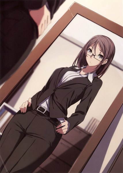 Anime picture 2489x3500 with original nagioka single tall image highres short hair black hair brown eyes scan official art girl glasses suit mirror