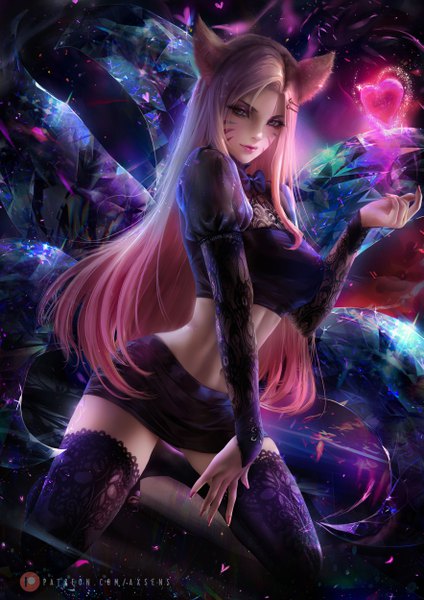 Anime picture 3532x5000 with league of legends k/da (league of legends) ahri (league of legends) the baddest ahri axsen single long hair tall image looking at viewer blush fringe highres light erotic blonde hair signed animal ears absurdres bent knee (knees) tail nail polish