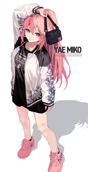 Anime picture 1229x2400 with genshin impact yae miko mocha (mokaapolka) single long hair tall image looking at viewer fringe simple background smile hair between eyes standing white background purple eyes pink hair full body ponytail from above open jacket bare legs