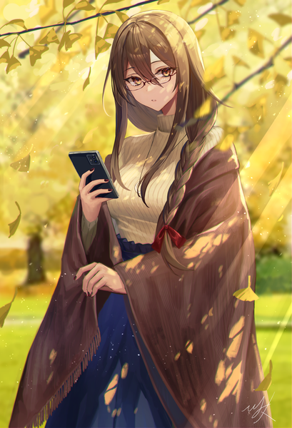 Anime picture 2412x3541 with original hitomin (ksws7544) single long hair tall image looking at viewer fringe highres hair between eyes brown hair standing holding brown eyes signed outdoors braid (braids) long sleeves nail polish parted lips arm up