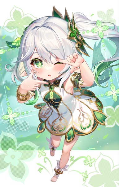 Anime picture 1525x2382 with genshin impact nahida (genshin impact) lalazyt single long hair tall image looking at viewer blush fringe hair between eyes green eyes silver hair full body one eye closed from above side ponytail symbol-shaped pupils girl dress