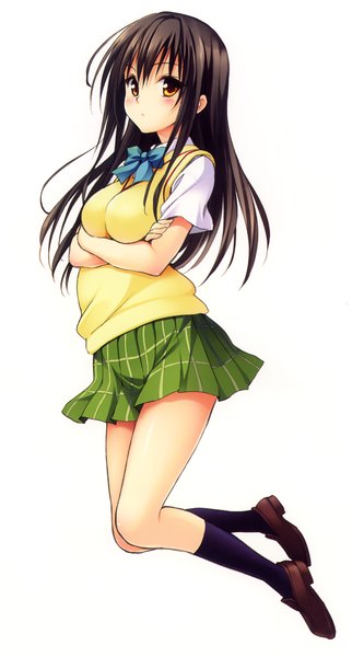 Anime picture 1414x2635 with toloveru toloveru darkness xebec kotegawa yui yabuki kentarou single long hair tall image looking at viewer blush simple background brown hair white background brown eyes scan official art plaid skirt crossed arms jumping girl