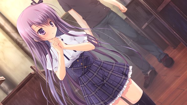 Anime picture 1280x720 with izayoi no fortuna fuyutsuki shigure miyasaka miyu long hair blush wide image purple eyes looking away game cg purple hair girl thighhighs dress uniform black thighhighs school uniform