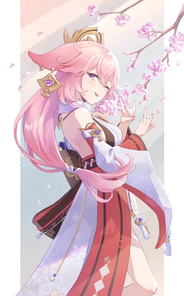 Anime-Bild 1118x1800 mit genshin impact yae miko kura xx meme single long hair tall image looking at viewer purple eyes animal ears pink hair traditional clothes japanese clothes one eye closed fox ears cherry blossoms low ponytail nontraditional miko pillarboxed fox shadow puppet girl