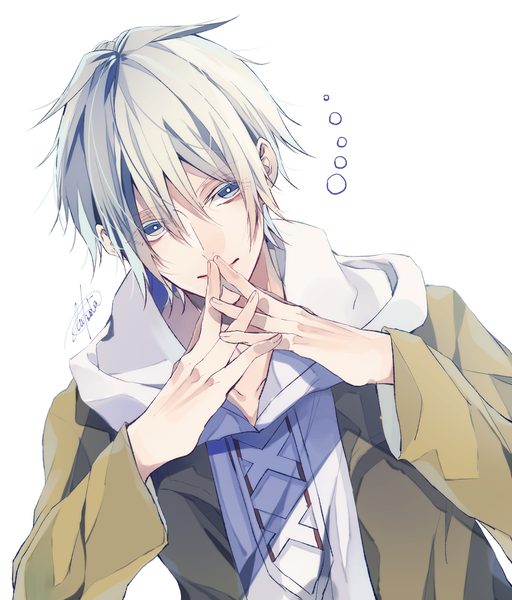 Anime picture 1274x1493 with tsukiuta satsuki aoi utkt single tall image looking at viewer fringe short hair blue eyes simple background hair between eyes white background signed silver hair upper body covered mouth hands clasped interlocked fingers boy hood