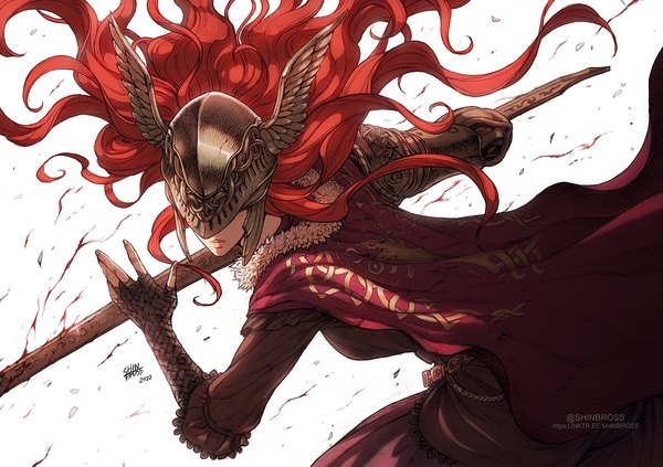 Anime picture 1250x882 with elden ring malenia blade of miquella shinbross single long hair simple background white background signed red hair twitter username floating hair fighting stance 2022 girl weapon cape helmet prosthesis blade
