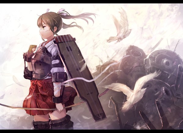 Anime picture 1500x1090 with kantai collection zuikaku aircraft carrier sumisu (mondo) single long hair brown hair twintails brown eyes looking away traditional clothes japanese clothes wind girl skirt weapon miniskirt animal armor bird (birds) thigh boots