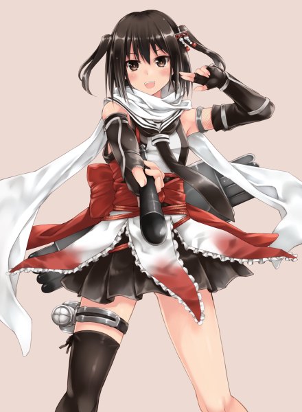 Anime picture 880x1200 with kantai collection sendai light cruiser kouno hikaru single tall image looking at viewer short hair black hair simple background two side up girl thighhighs skirt gloves black thighhighs miniskirt elbow gloves belt scarf fingerless gloves