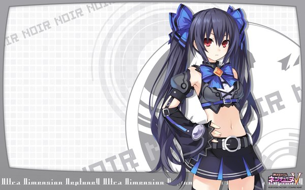 Anime picture 1920x1200 with choujigen game neptune hyperdimension neptunia mk2 kami jigen game neptune v noire tsunako single long hair looking at viewer highres black hair red eyes wide image twintails official art midriff girl thighhighs navel bow black thighhighs