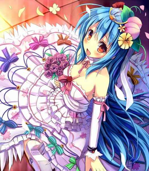 Anime picture 1243x1420 with touhou hinanawi tenshi hoshi no gen single long hair tall image blush smile red eyes blue hair girl dress hair ornament flower (flowers) detached sleeves wedding dress