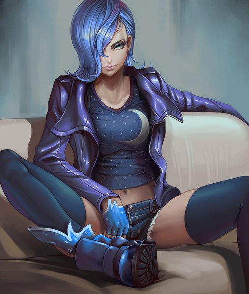 Anime-Bild 1600x1894 mit my little pony princess luna dantewontdie single tall image looking at viewer fringe short hair sitting green eyes blue hair hair over one eye open clothes open jacket dark skin personification girl thighhighs navel jacket