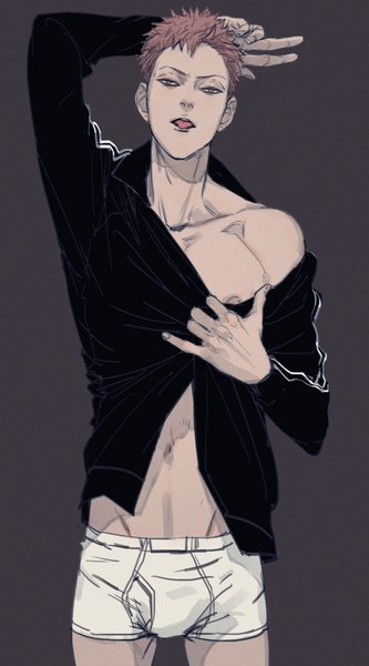 イラスト 1181x2125 と 19 days mo guan shan tashami ソロ 長身像 カメラ目線 開いた口 light erotic simple background 立つ 乳首 head tilt open clothes 鼠蹊部 hand on head 男性 へそ 下着 パンティー 舌