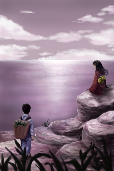 Anime picture 1200x1800 with mushishi kure-syuh long hair tall image short hair black hair sky cloud (clouds) traditional clothes japanese clothes from behind girl boy flower (flowers) plant (plants) water stone (stones) basket
