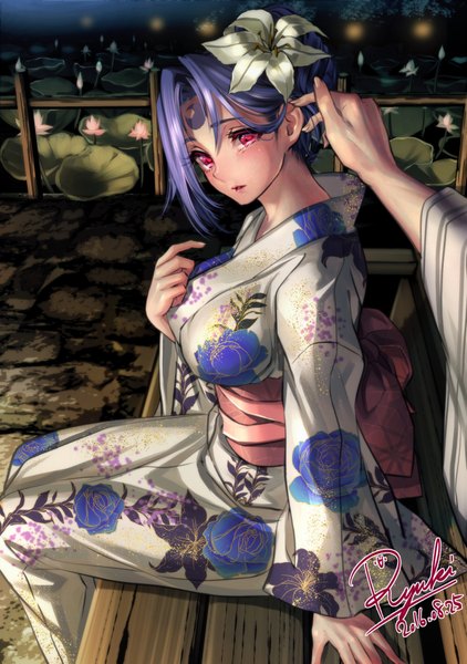 Anime-Bild 1350x1920 mit original ryuki@maguro-ex tall image looking at viewer blush fringe short hair breasts hair between eyes red eyes large breasts sitting signed purple hair bent knee (knees) traditional clothes parted lips japanese clothes hair flower arm support