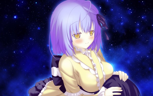 Anime picture 2048x1280 with irotoridori no sekai shikishima kyou shida kazuhiro blush highres short hair smile wide image yellow eyes blue hair game cg japanese clothes night sky girl frills kimono star (stars)