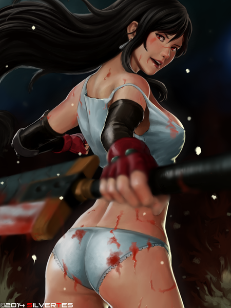 Anime picture 810x1080 with final fantasy final fantasy vii square enix tifa lockhart silvertes single long hair tall image looking at viewer breasts open mouth light erotic black hair red eyes signed ass looking back from behind blurry realistic
