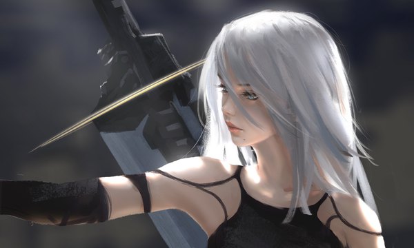 Anime picture 4000x2400 with nier nier:automata yorha type a no. 2 wlop single long hair fringe highres blue eyes hair between eyes wide image bare shoulders signed looking away absurdres silver hair upper body parted lips profile lips