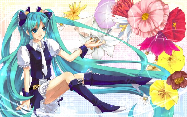 Anime picture 2560x1600 with vocaloid hatsune miku single long hair highres smile wide image twintails very long hair aqua eyes aqua hair legs girl skirt flower (flowers) ribbon (ribbons) hair ribbon necktie boots wrist cuffs
