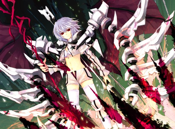 Anime picture 1772x1314 with black rock shooter touhou remilia scarlet white rock shooter asagi shii highres short hair red eyes white hair midriff cosplay skeleton girl thighhighs navel weapon white thighhighs wings shorts white shorts